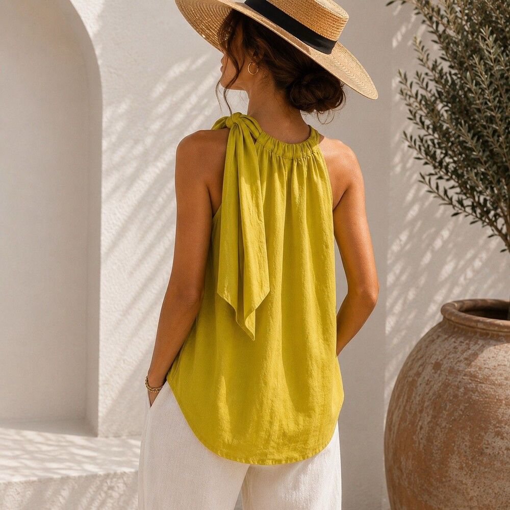 Bellambra Italy 100% Linen Pleated Halter Tie Neck Tunic Top Yellow S